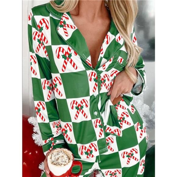 Candy Cane Checkered Pattern 2pcs Pajama Set - Picture 1 of 2